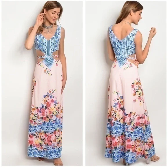 Pink / Blue Floral Maxi Dress - Picture 1 of 3